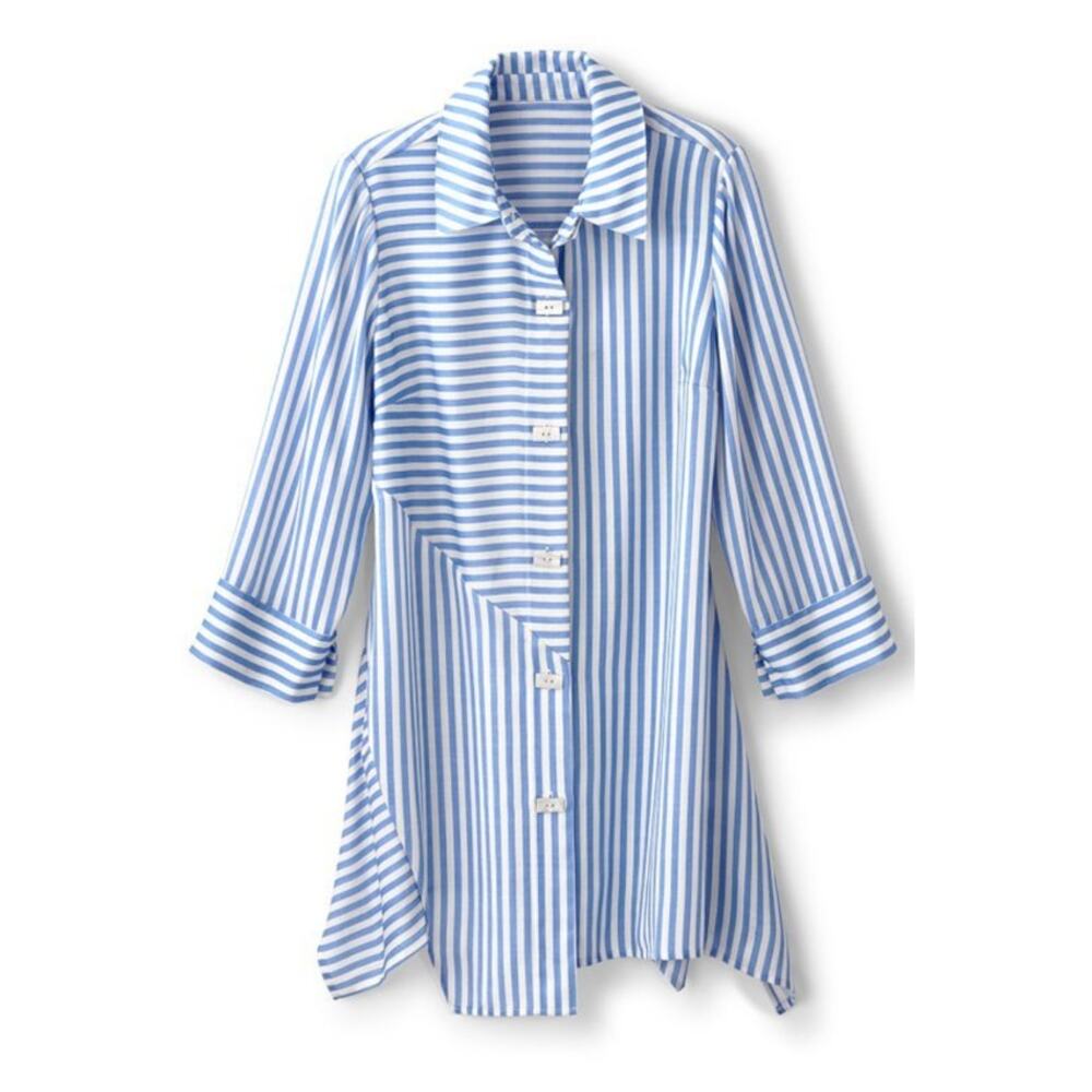 SOFT SURROUNDINGS gray white striped On Pointe artsy 3/4 sleeve shirt top
